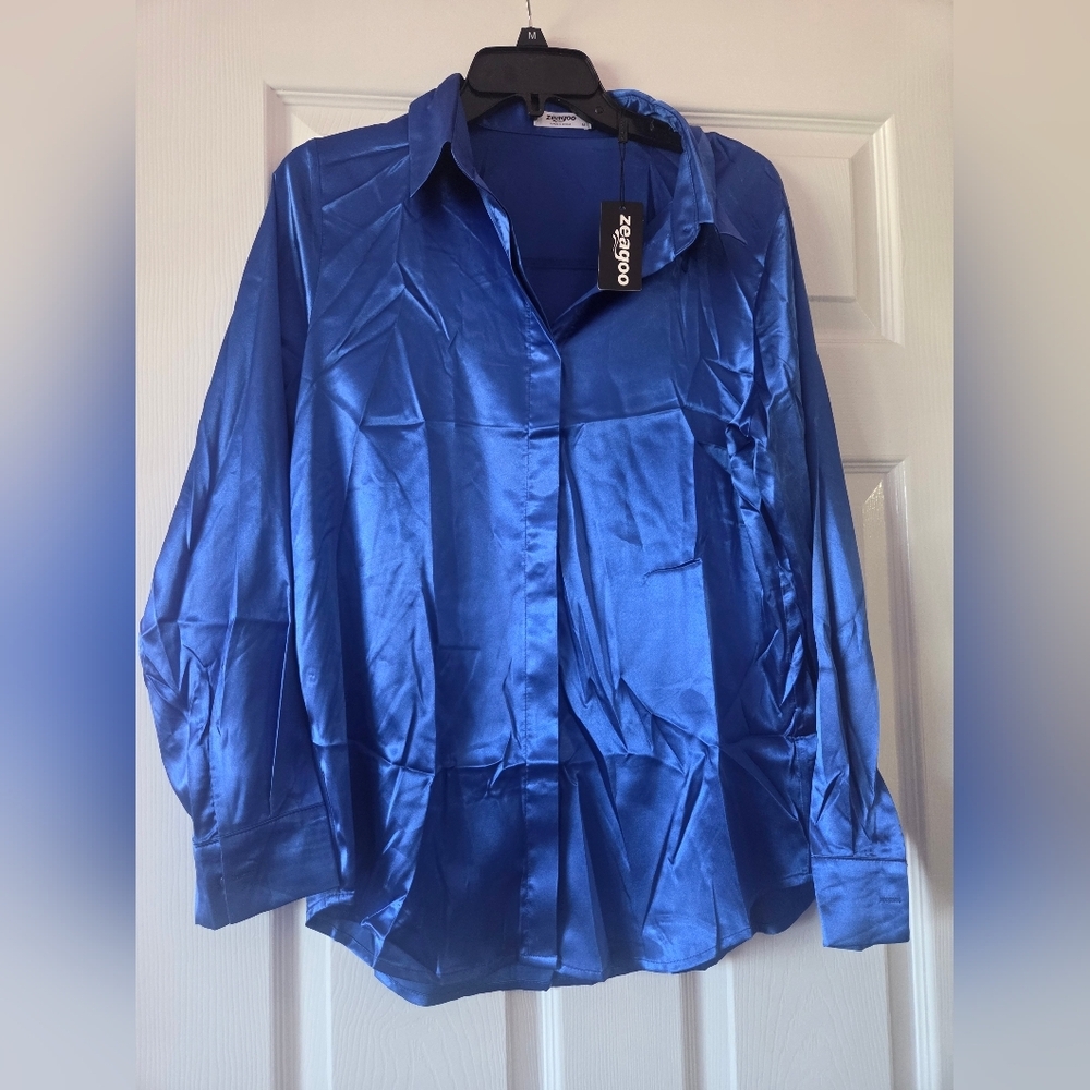 Zeagoo Womens Royal Blue Satin Blouse Size M NWT